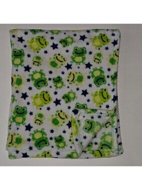 Cutie Pie Green Frog Fleece Baby Blanket Blue Stars  Boy Girl 30x36 Soft